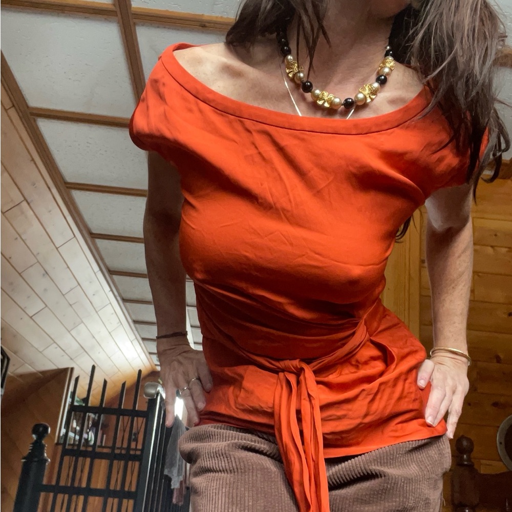 Diane Von Furstenberg Bright Orange Off-Shoulder Tie-Waist Tunic